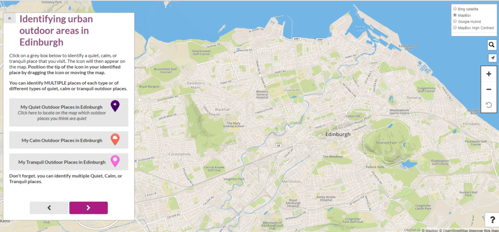 Map of Edinburgh in quiet, calm, tranquil survey tool