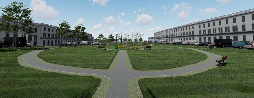 virtual urban park, with path way down middle, and circle pathway leading off bothsides from the middle. trees and residential terraces at edge of park